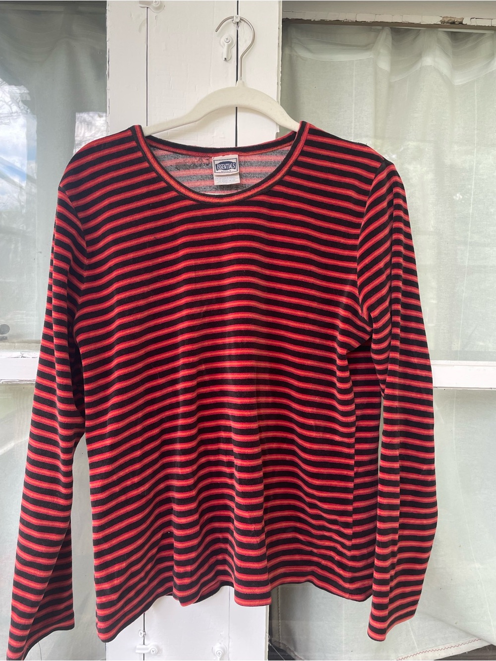 Essentials Red and Black Striped Long Sleeve Velour Crewneck Sweater